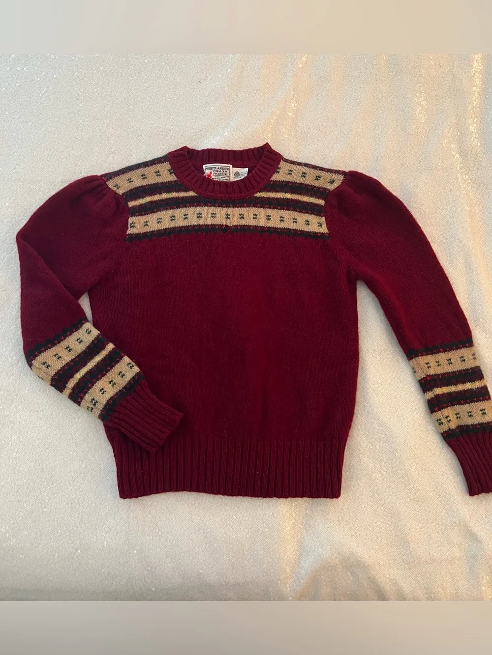 Vintage 1970s 1980s Shetland Wool Burgundy Fair Isle Sweater with Puff Sleeves